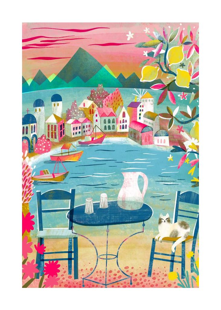 Greek Tavern With Cat Under Lemon Tree