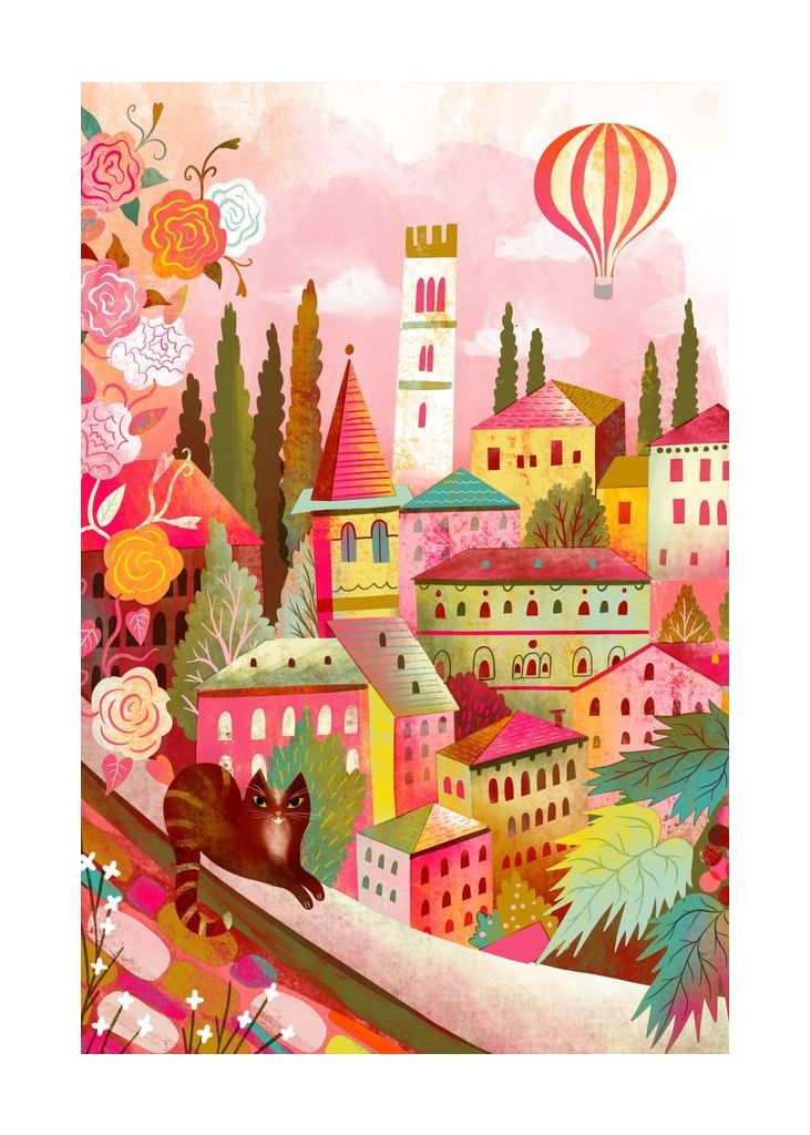 Italian Village With Cat On Wall