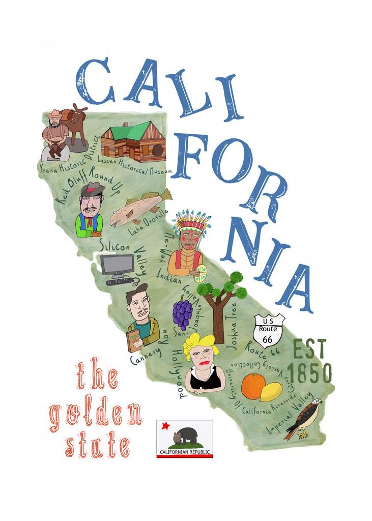 Illustrated Map Of California With State Icons By Carla Daly