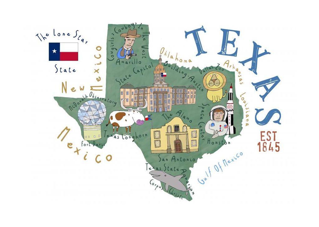 Texas State Map By Illustrated By Artist Carla Daly