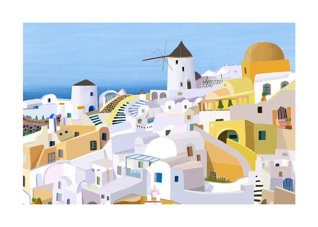 Santorini Yellow And White Greek Buildings By Artist Carla Daly