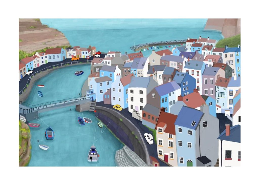 Aerial View Of Staithes United Kingdom By Artist Carla Daly