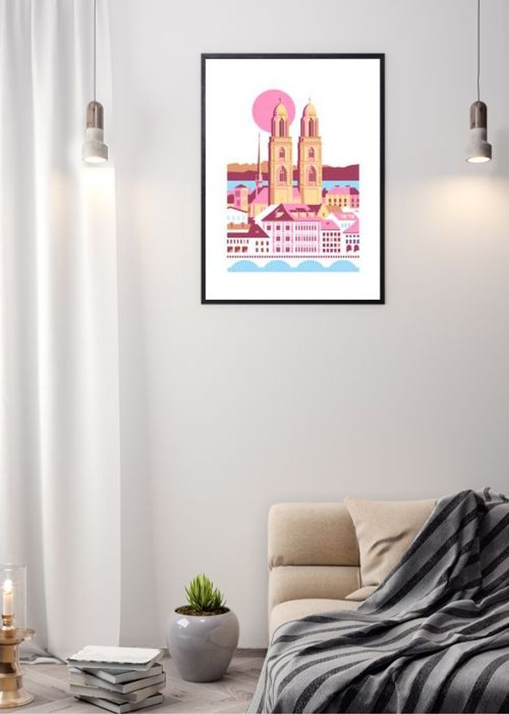 City Of Zurich Switzerland Swiss Summer Mountains City Illustration Vintage Poster