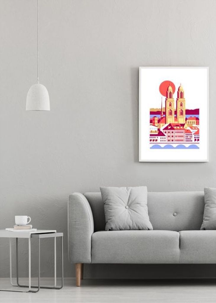 City Of Zurich Switzerland Swiss Summer Mountains City Illustration Vintage Poster
