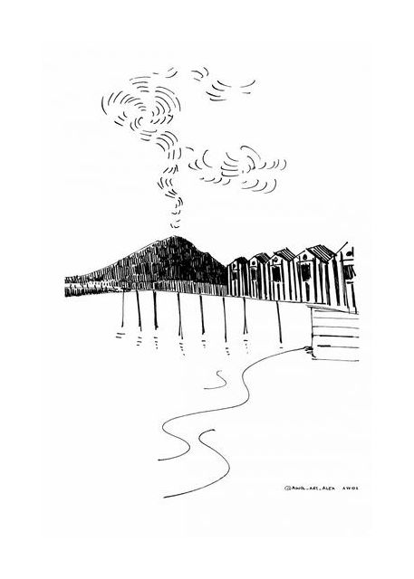 By The Sea In Italy With Beach Huts And Mountain Volcano Italian Landscape Art Print