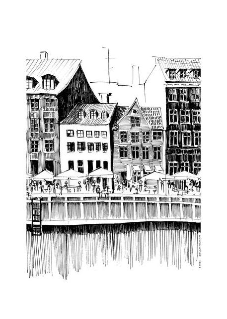 Copenhagen Art Print Denmark Travel Illustration With Cafés On The Water