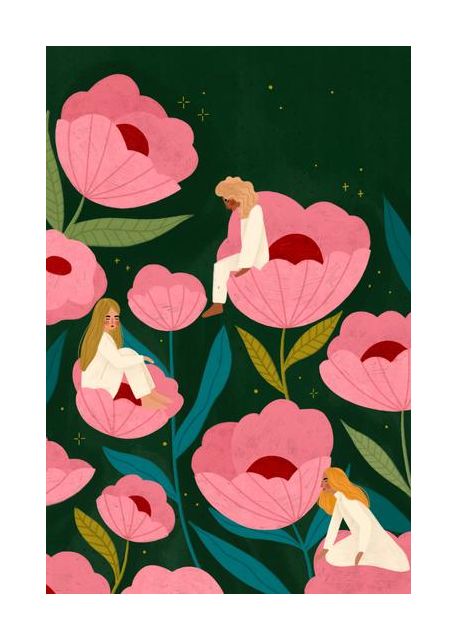 Three Women Sitting On Large Pink Flowers
