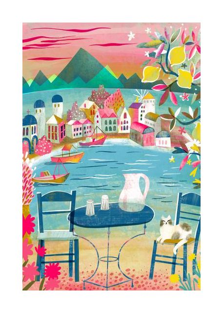 Greek Tavern With Cat Under Lemon Tree