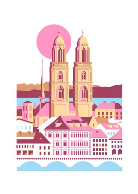 City Of Zurich Switzerland Swiss Summer Mountains City Illustration Vintage Poster
