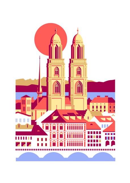 City Of Zurich Switzerland Swiss Summer Mountains City Illustration Vintage Poster